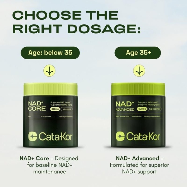 This ad creative provides a simple, visual guide to selecting the correct supplement dosage by comparing two products side-by-side based on user age.